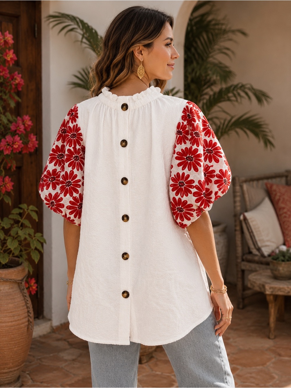 THML White Blouse with Red Floral Puff Sleeves - Picture 3 of 7